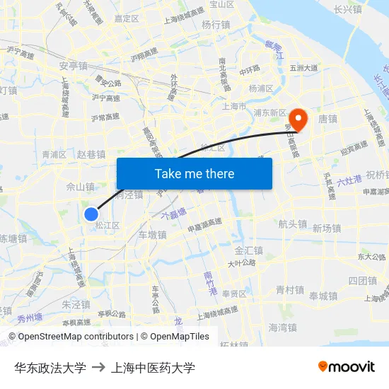 华东政法大学 to 上海中医药大学 map