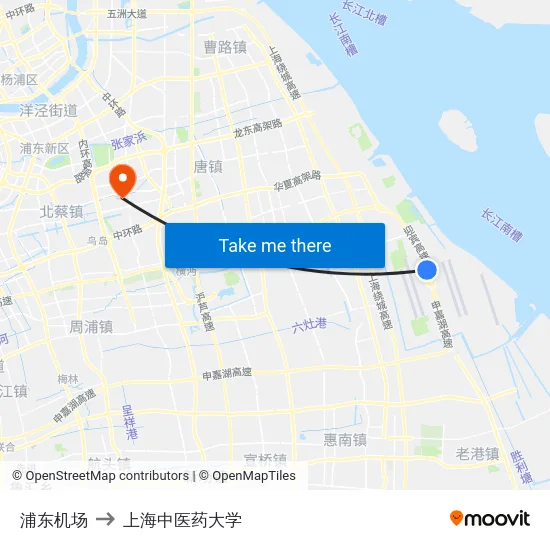 浦东机场 to 上海中医药大学 map