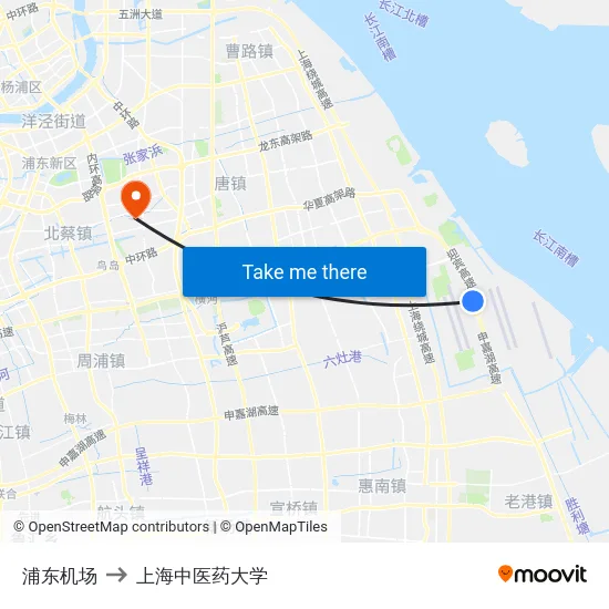 浦东机场 to 上海中医药大学 map