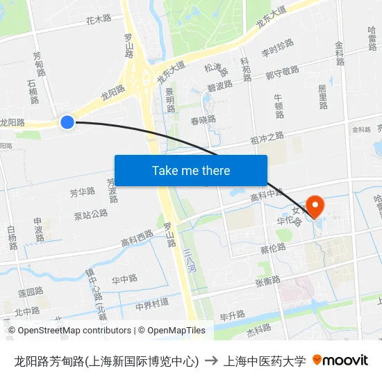 龙阳路芳甸路(上海新国际博览中心) to 上海中医药大学 map