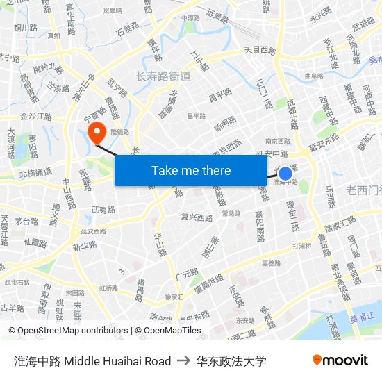 淮海中路 Middle Huaihai Road to 华东政法大学 map