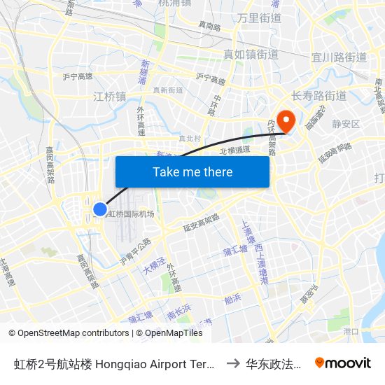 虹桥2号航站楼 Hongqiao Airport Terminal 2 to 华东政法大学 map