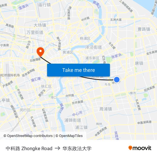 中科路 Zhongke Road to 华东政法大学 map