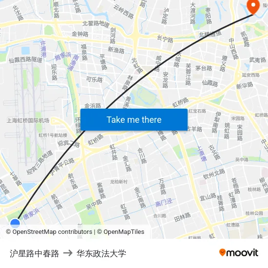 沪星路中春路 to 华东政法大学 map