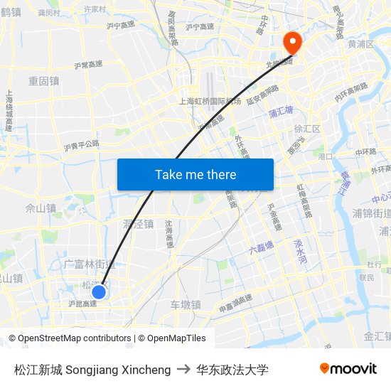 松江新城 Songjiang Xincheng to 华东政法大学 map