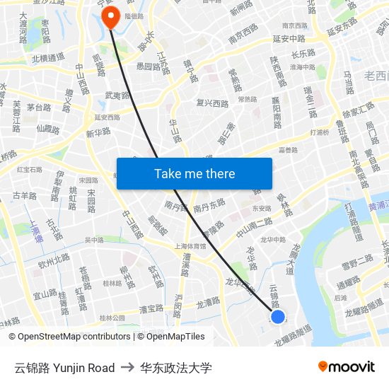 云锦路 Yunjin Road to 华东政法大学 map