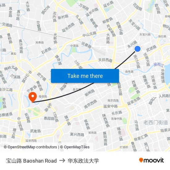 宝山路 Baoshan Road to 华东政法大学 map