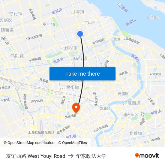 友谊西路 West Youyi Road to 华东政法大学 map