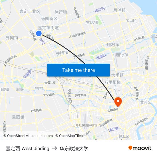 嘉定西 West Jiading to 华东政法大学 map