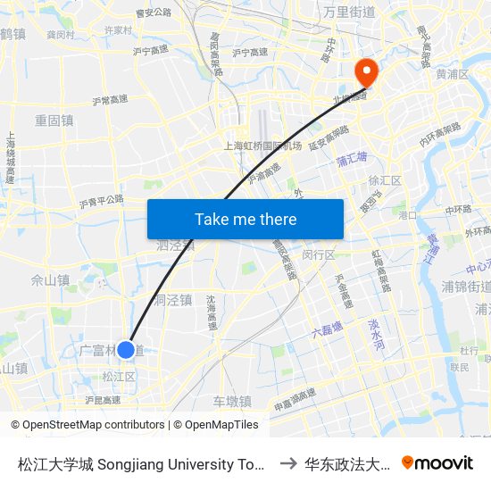 松江大学城 Songjiang University Town to 华东政法大学 map