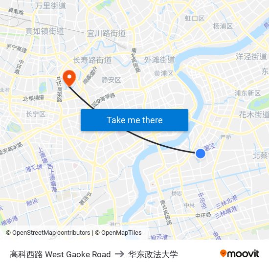 高科西路 West Gaoke Road to 华东政法大学 map