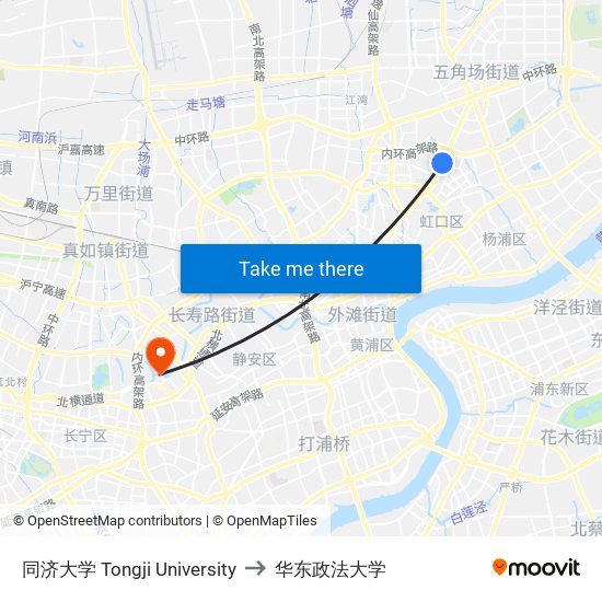 同济大学 Tongji University to 华东政法大学 map