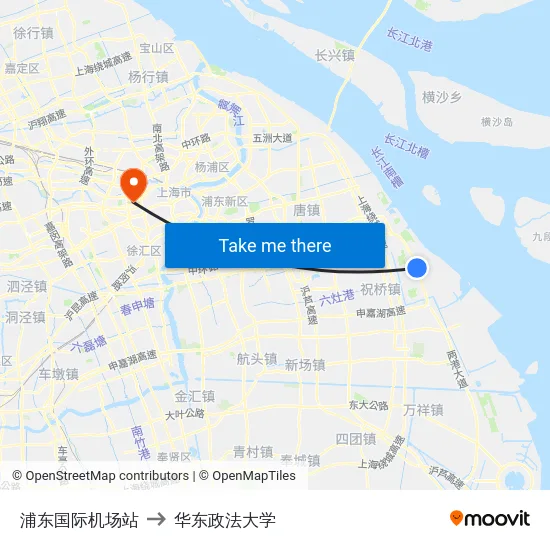 浦东国际机场站 to 华东政法大学 map