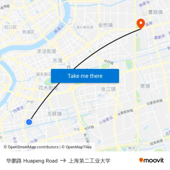 华鹏路 Huapeng Road to 上海第二工业大学 map