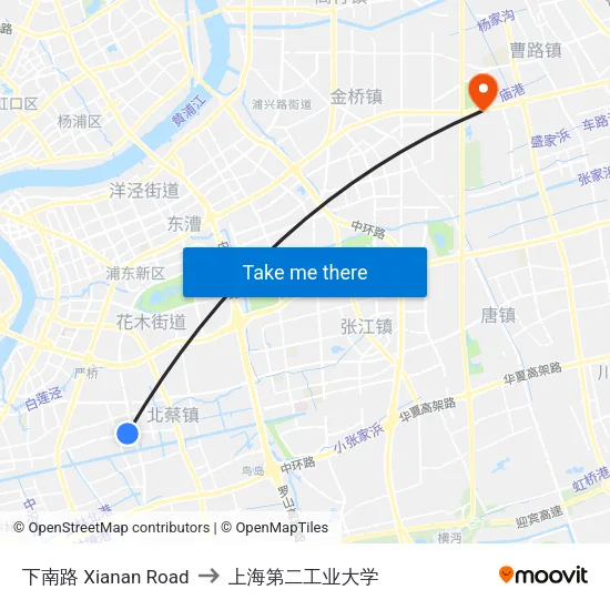 下南路 Xianan Road to 上海第二工业大学 map