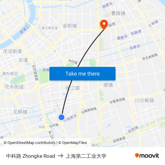 中科路 Zhongke Road to 上海第二工业大学 map