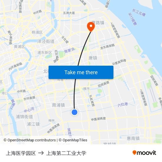 上海医学园区 to 上海第二工业大学 map