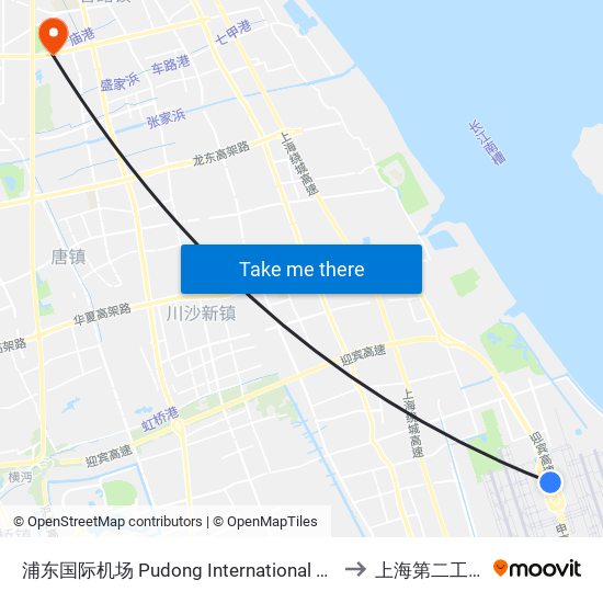 浦东国际机场 Pudong International Airport (Maglev) to 上海第二工业大学 map