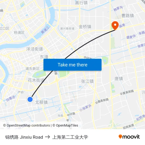 锦绣路 Jinxiu Road to 上海第二工业大学 map