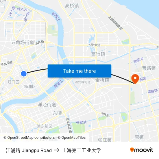江浦路 Jiangpu Road to 上海第二工业大学 map