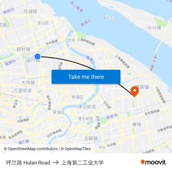 呼兰路 Hulan Road to 上海第二工业大学 map