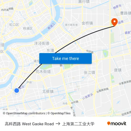 高科西路 West Gaoke Road to 上海第二工业大学 map