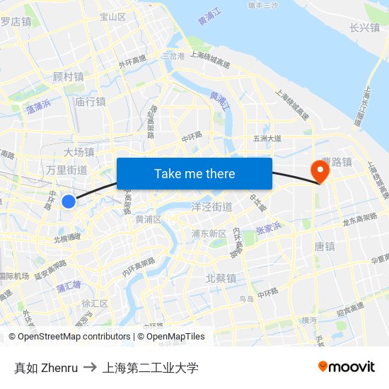 真如 Zhenru to 上海第二工业大学 map