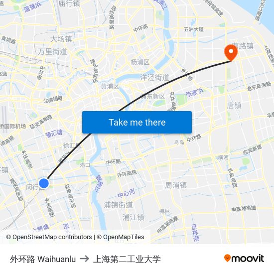 外环路 Waihuanlu to 上海第二工业大学 map