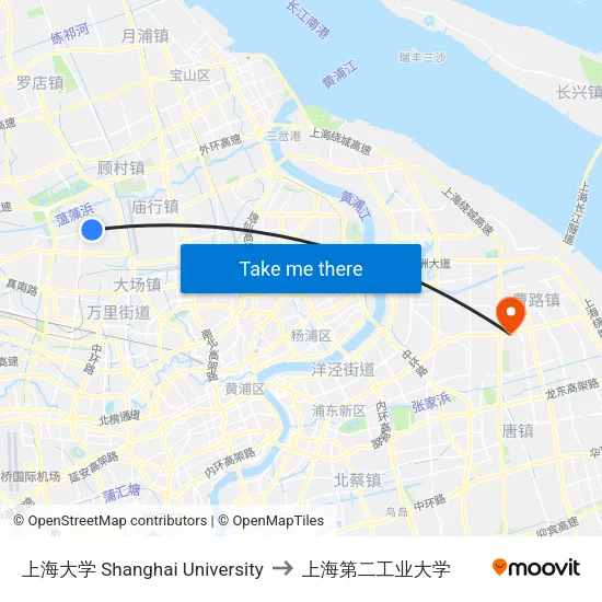 上海大学 Shanghai University to 上海第二工业大学 map