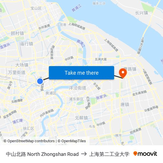 中山北路 North Zhongshan Road to 上海第二工业大学 map