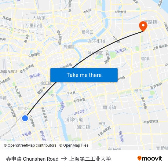 春申路 Chunshen Road to 上海第二工业大学 map