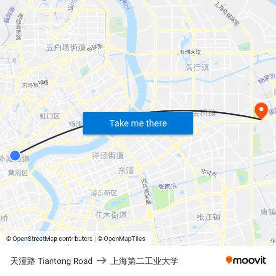 天潼路 Tiantong Road to 上海第二工业大学 map