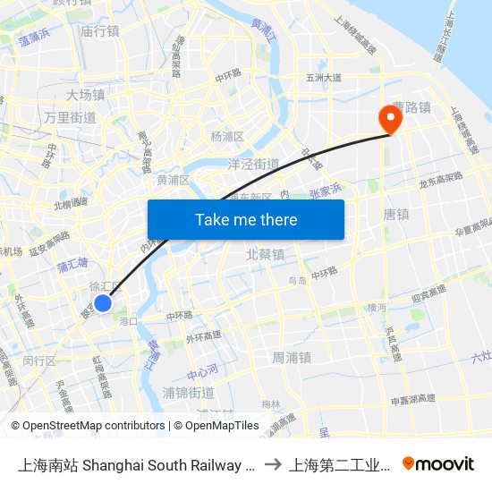 上海南站 Shanghai South Railway Station to 上海第二工业大学 map