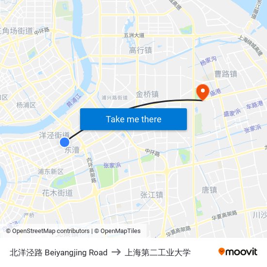 北洋泾路 Beiyangjing Road to 上海第二工业大学 map