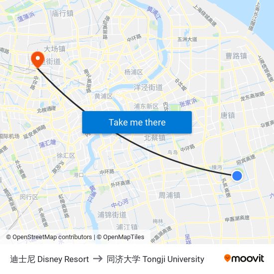 迪士尼 Disney Resort to 同济大学 Tongji University map