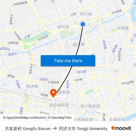 共富新村 Gongfu Xincun to 同济大学 Tongji University map