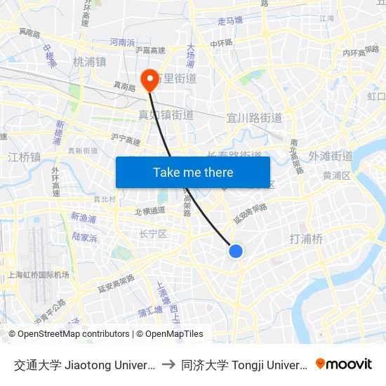 交通大学 Jiaotong University to 同济大学 Tongji University map