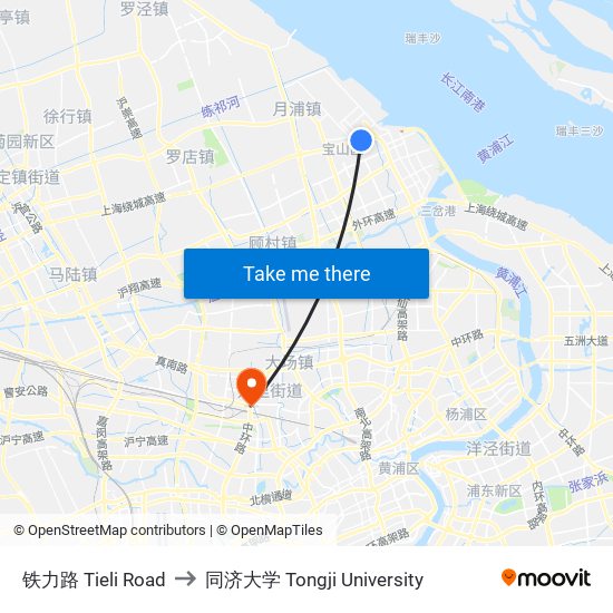 铁力路 Tieli Road to 同济大学 Tongji University map