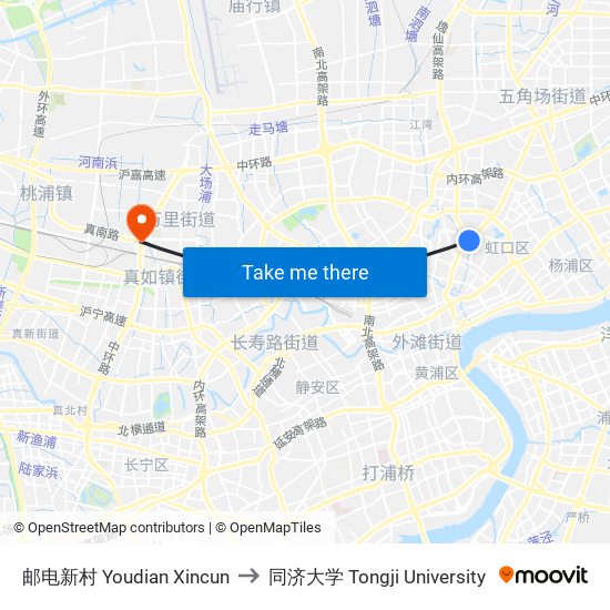 邮电新村 Youdian Xincun to 同济大学 Tongji University map