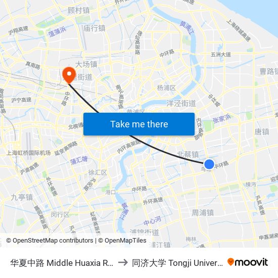 华夏中路 Middle Huaxia Road to 同济大学 Tongji University map