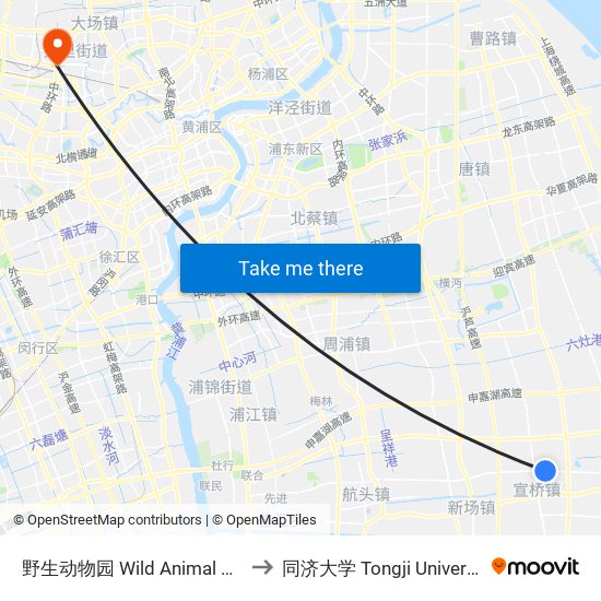 野生动物园 Wild Animal Park to 同济大学 Tongji University map