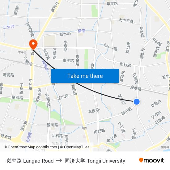 岚皋路 Langao Road to 同济大学 Tongji University map