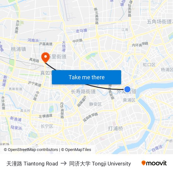 天潼路 Tiantong Road to 同济大学 Tongji University map