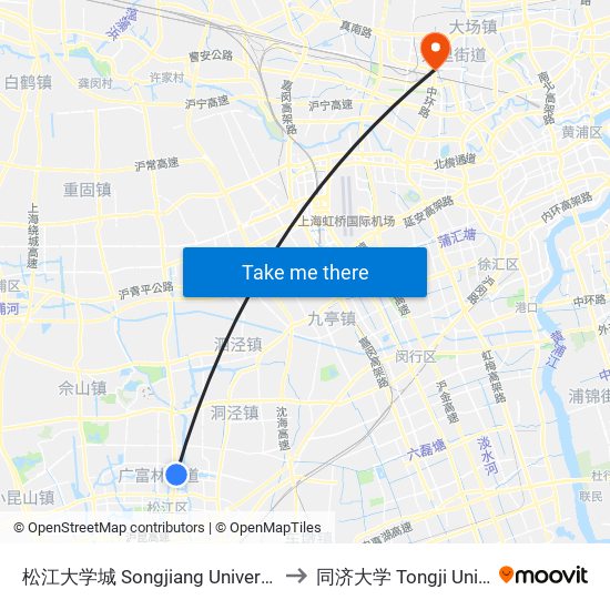 松江大学城 Songjiang University Town to 同济大学 Tongji University map