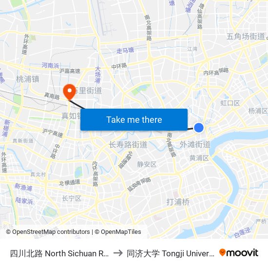 四川北路 North Sichuan Road to 同济大学 Tongji University map