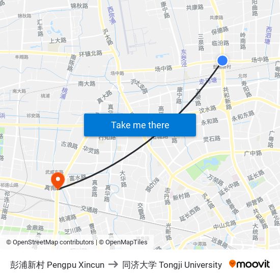 彭浦新村 Pengpu Xincun to 同济大学 Tongji University map