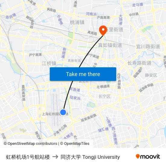 虹桥机场1号航站楼 to 同济大学 Tongji University map