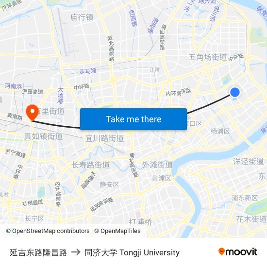 延吉东路隆昌路 to 同济大学 Tongji University map