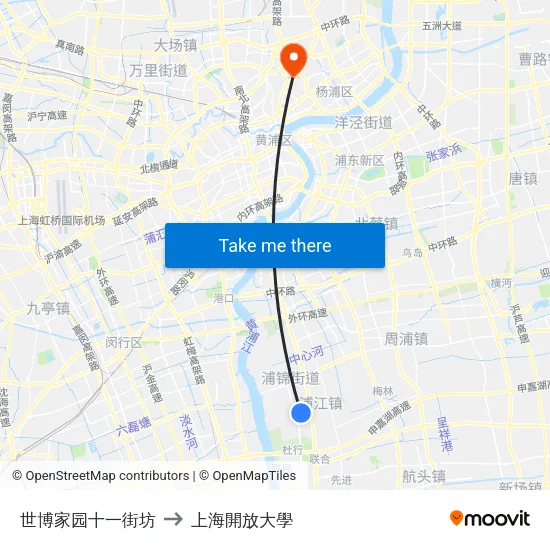 世博家园十一街坊 to 上海開放大學 map