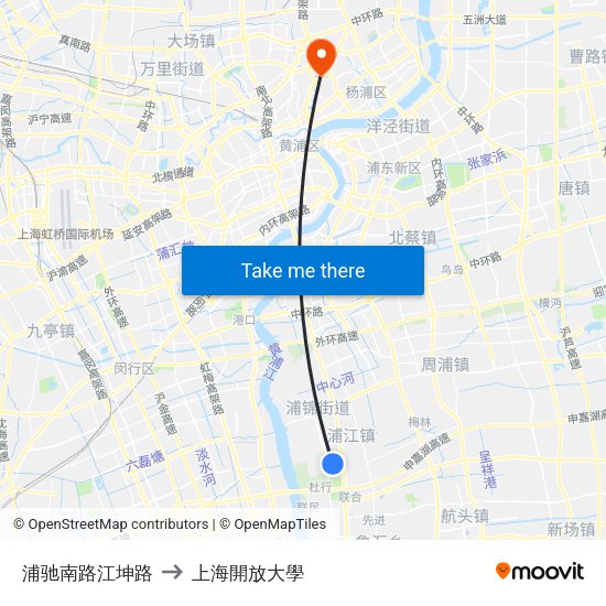 浦驰南路江坤路 to 上海開放大學 map